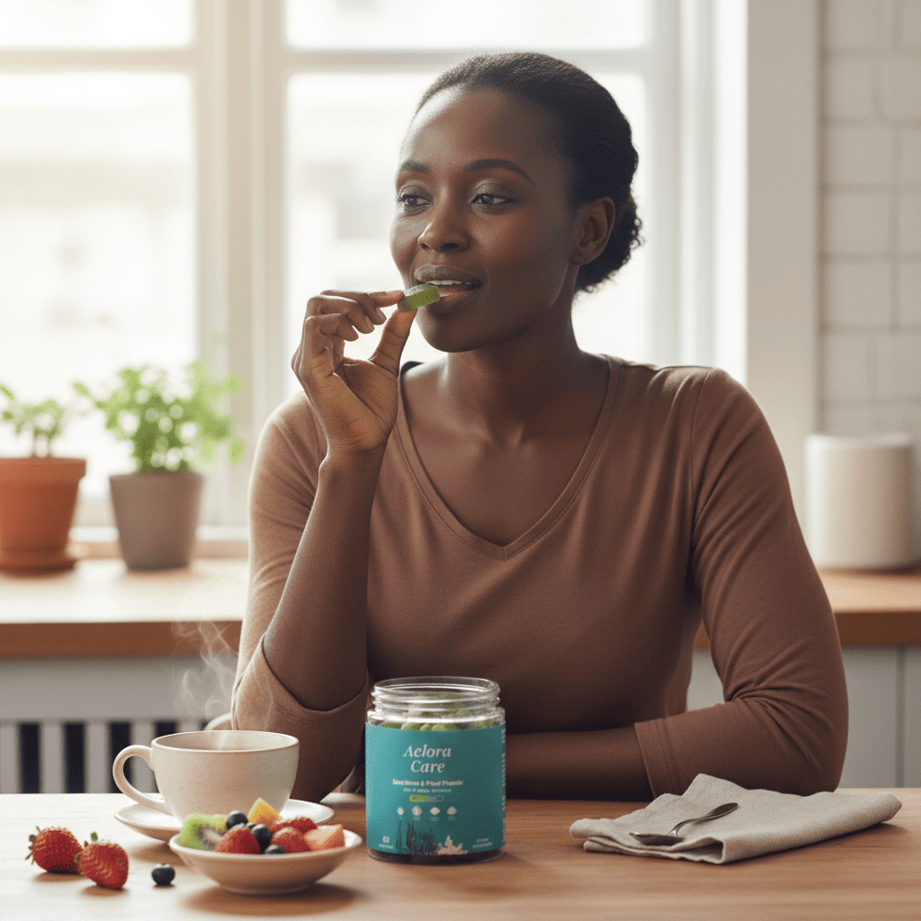 Woman taking Aelora Care sea moss gummies for digestion support